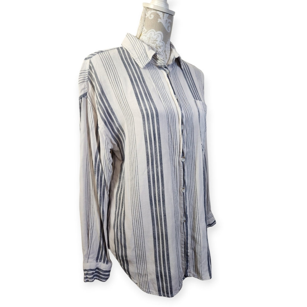 April Kiss Blue Striped Beach Coastal Grandma Linen Blend Button Down Blouse  M